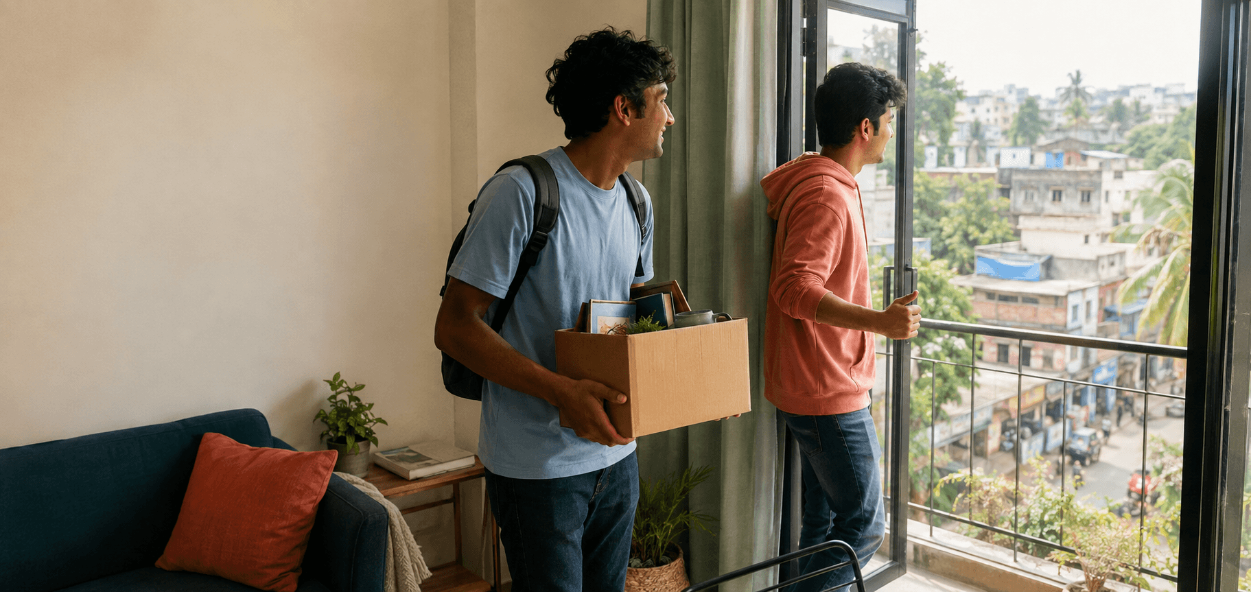 Two students arriving at a rented home in their neighbourhood